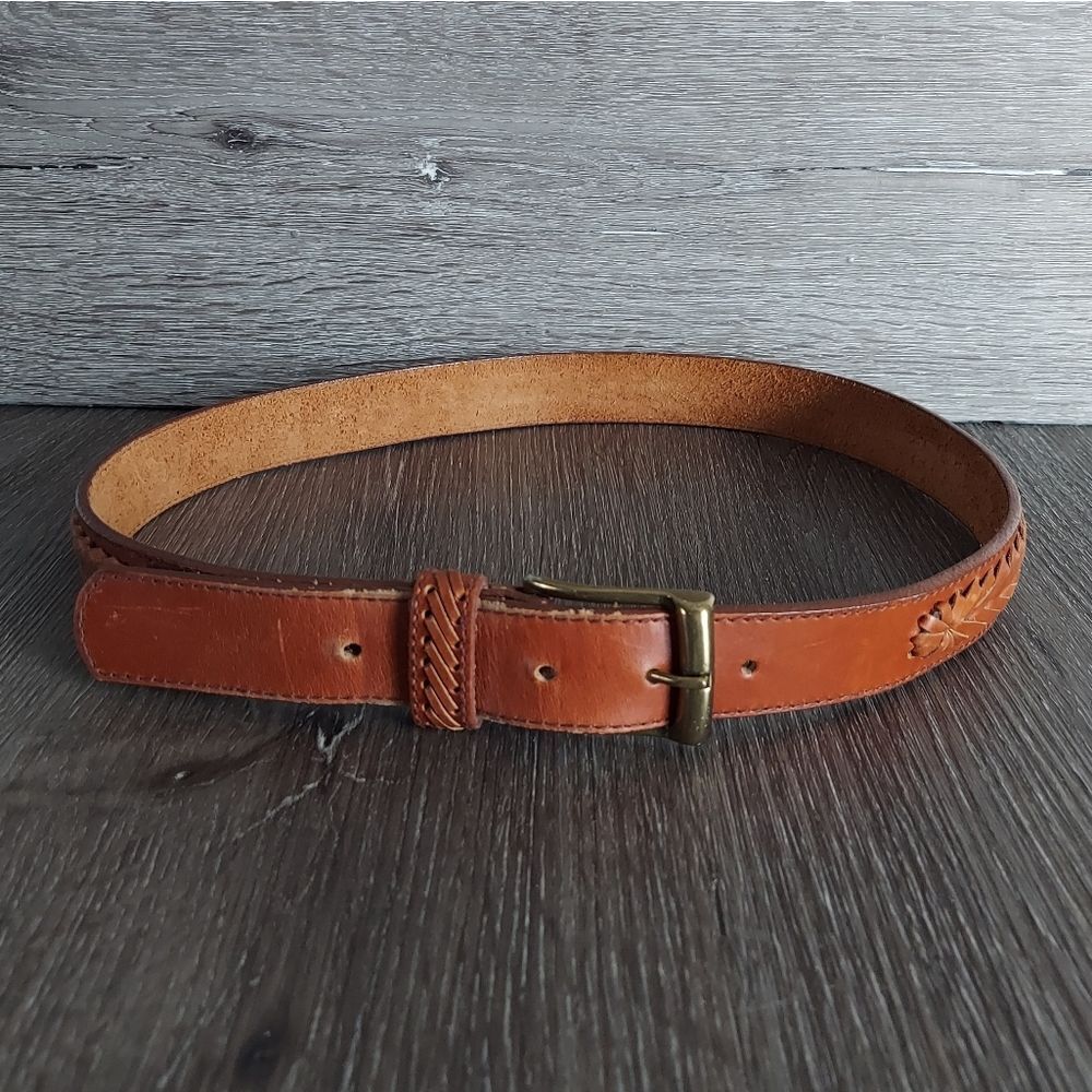 Men's Brown Leather Braided Belt Solid Brass Buckle Size 32